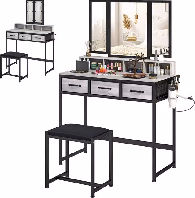 Cassettiera per Trucco Minimal con Specchio e Sgabello Grigio con 3 Cassetti