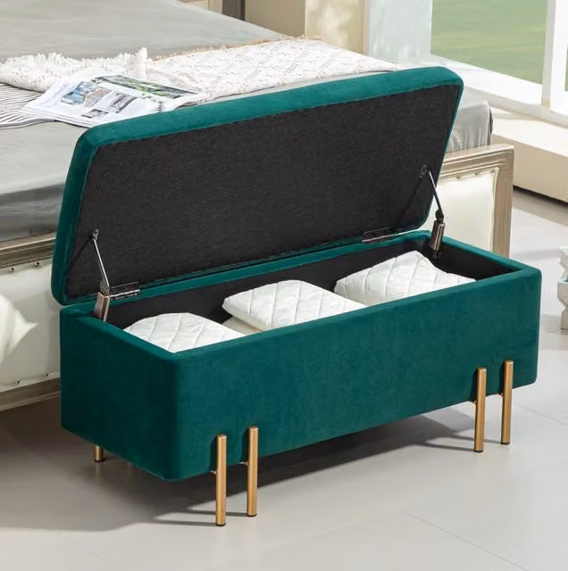 Panca contenitore imbottita MODFU in poliestere verde con struttura in legno e metallo L: 100 cm, P: 40 cm, H: 42 cm
