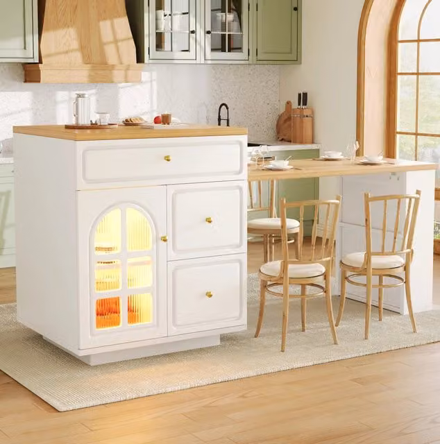 Isola cucina estensibile 122,5-195,5x59x93,5 cm in MDF bianco, LED, salvaspazio –