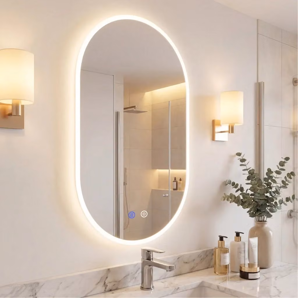 Specchio da bagno a parete DESIGN IN rettangolare color argento con illuminazione LED dimmerabile a 3 tonalità, touch switch e funzione anti-appannamento in vetro temperato, L: 80 cm, H: 50 cm