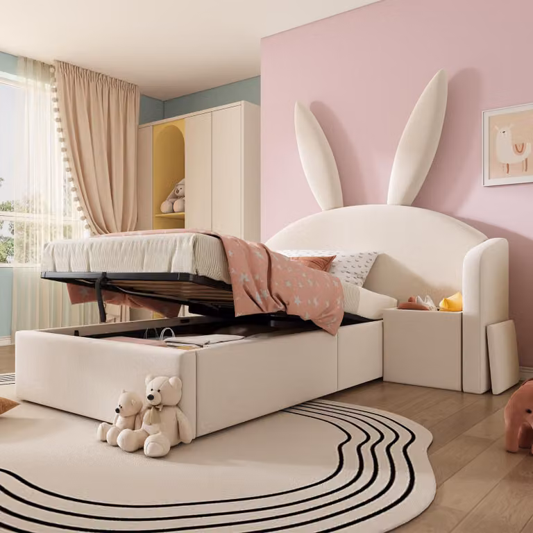 Letto per bambini MODFU 90 x 190 con materasso, letto imbottito con testiera a orecchie di coniglio, letto per ragazzi con contenitore idraulico e comodino (montabile a sinistra o a destra), struttura del letto, doghe in legno, beige