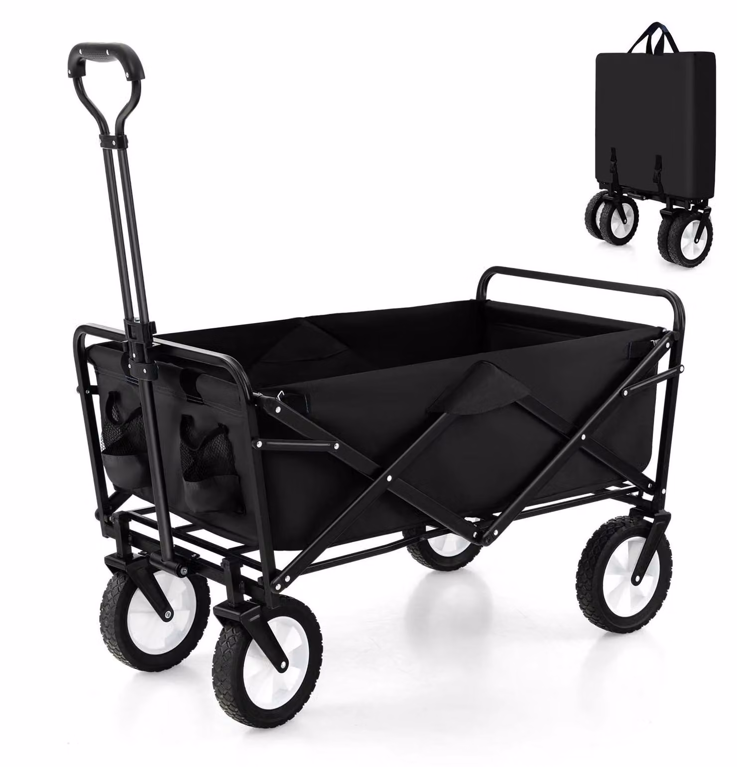 Carrello pieghevole - Carrello da giardino - Maniglia regolabile - Portabevande - Capacità di carico fino a 68 kg - Nero