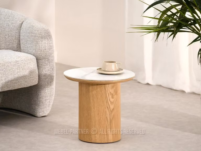Tavolino rotondo NICANOR - marmo bianco / rovere
