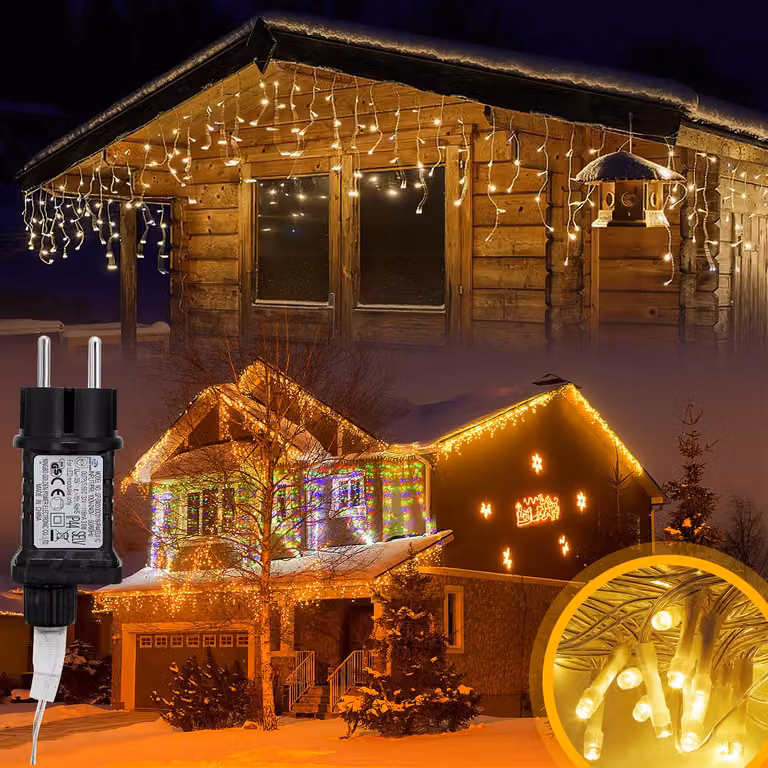 Ikodm, decorazioni natalizie a cascata con 400 LED, lunghezza totale 10 metri (più 5 metri di cavo di alimentazione), luce bianca calda, tenda luminosa con 8 modalità, ideale per decorazioni natalizie interne, per Natale e per feste