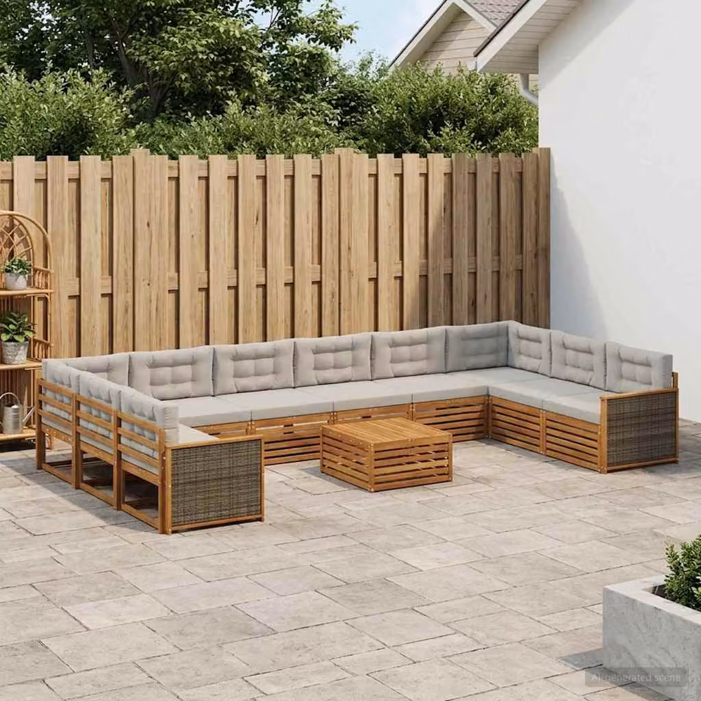 Set di divani da giardino vidaXL 11 pezzi in legno di acacia, colore Naturale e Grigio Chiaro