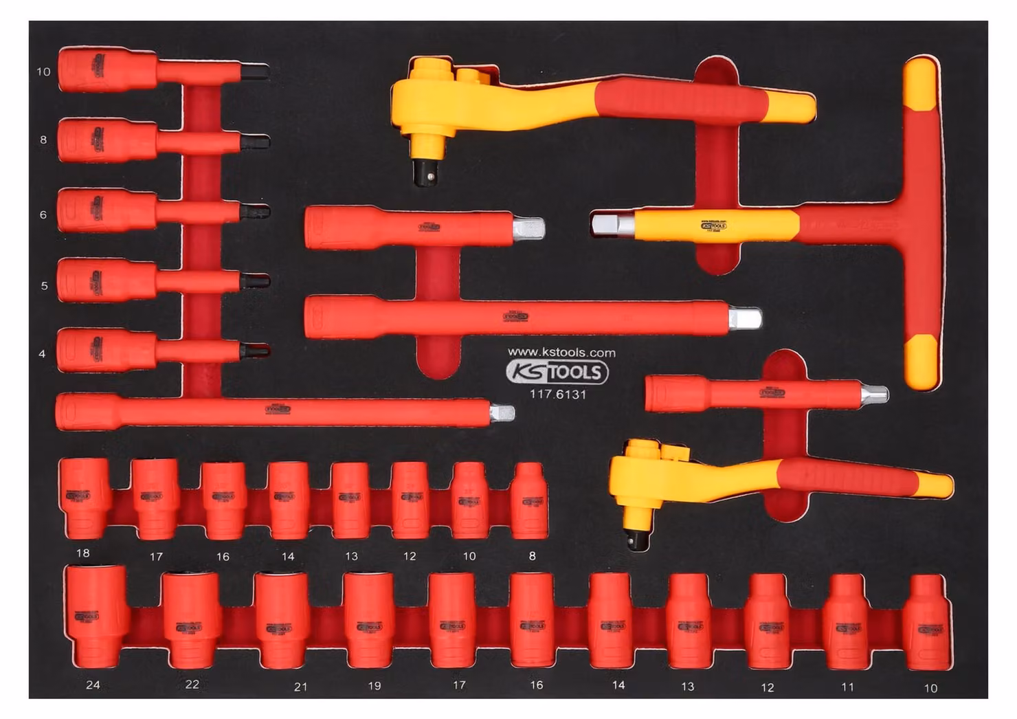 KS TOOLS Set di chiavi a bussola isolate da 3/8"+1/2" con inserto in schiuma 31 pezzi - 117.6131