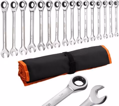 Set di 16 chiavi combinate a cricchetto VEVOR in acciaio al cromo vanadio con custodia arrotolabile, misura SAE, colore argento