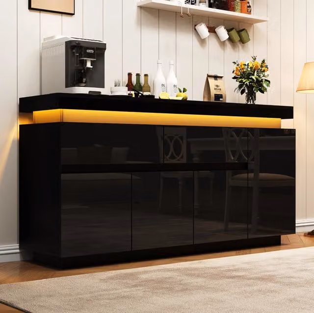 Credenza da soggiorno 140x35x72,5 cm in legno nero con LED e vano contenitore –