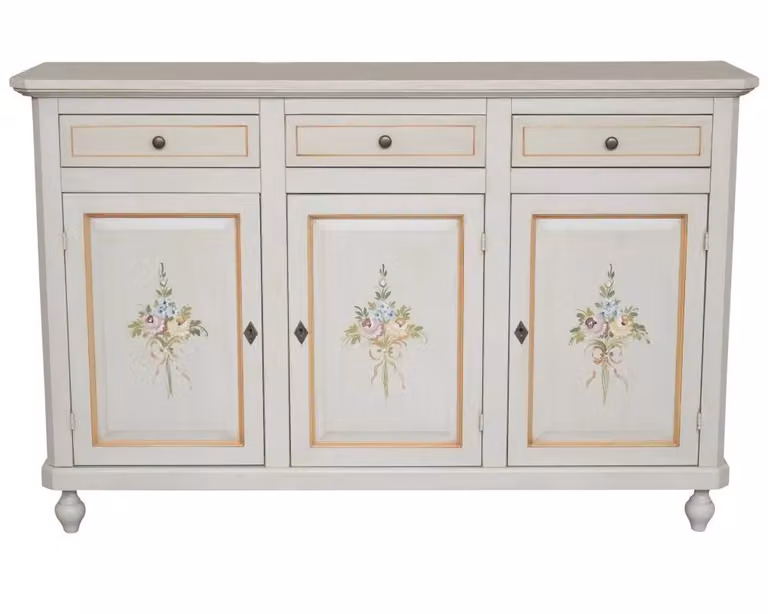Credenza in legno con 3 ante Mobili 2G bianca decorata con dettagli floreali arancioni stile shabby chic L/P/H: 150 x 45 x 98 cm
