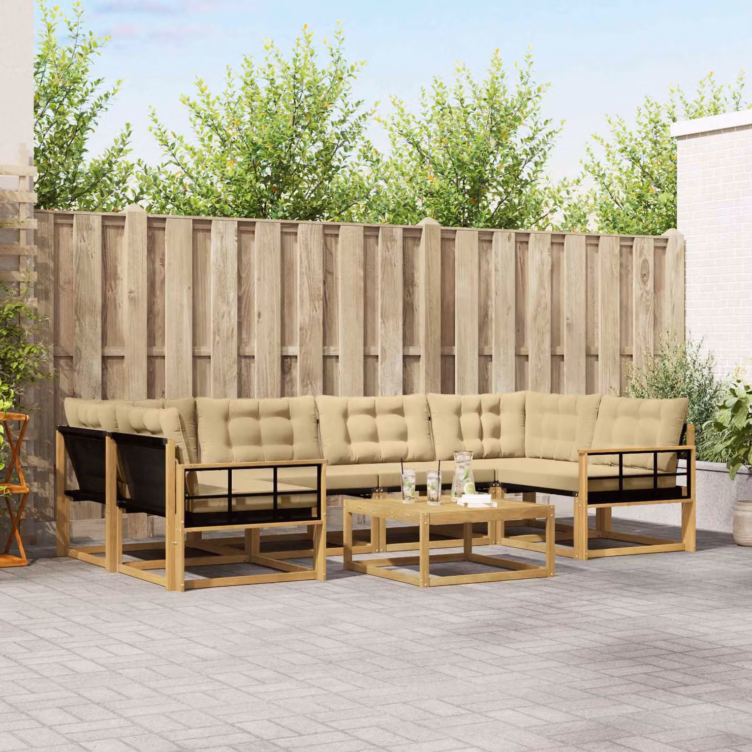 Set di divani da esterno vidaXL 7 pezzi in legno di acacia con sedute in textilene bianco e beige