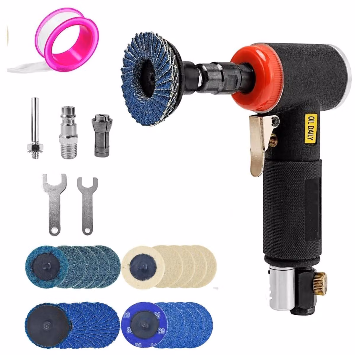 Smerigliatrice angolare pneumatica - Mini smerigliatrice ad aria - Pinza 6 mm e 3 mm - 20 dischi abrasivi 2 pollici - Testina a 90 gradi