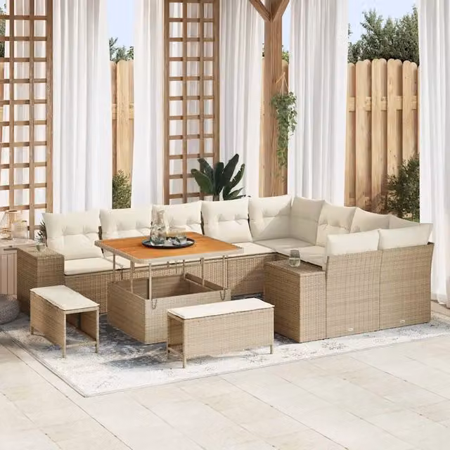Set Divano da Giardino 12 Pezzi vidaXL Beige con Cuscini e Tavolino in Polyrattan e Acciaio – 1