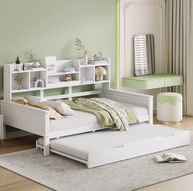 Letto multifunzione estraibile in pino bianco con vani laterali L/P/H: 200 x 90 x 120 cm