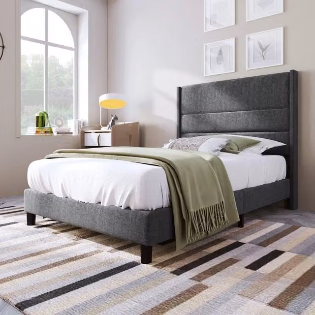 Letto Singolo Imbottito Minimal con Rete a Doghe in Legno Grigio L/P/H: 90 x 200 cm – 1