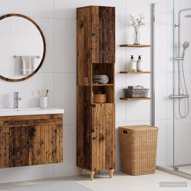 Armadio da bagno vidaXL ALKMAAR moderno in legno e metallo marrone con ripiani e ante con ripiano aperto H: 190 cm, L: 31 cm, P: 30 cm