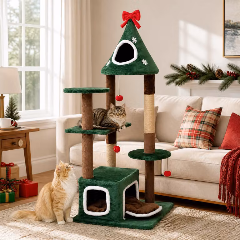 Costway Albero tiragraffi per gatti a tema natale con altezza 137 cm, Torre per gatti interno con 2 cuccie cuscino morbido rimovibile