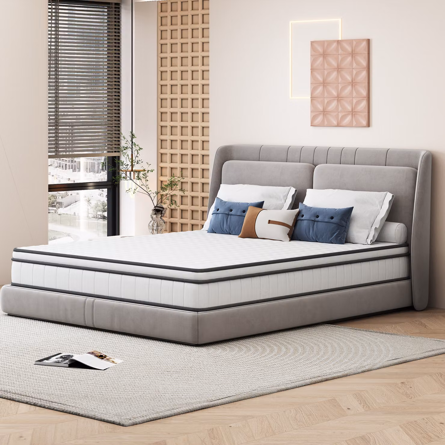 Materasso ibrido a molle insacchettate 140×190×25 cm – Zone di riposo indipendenti, sostegno ergonomico, rivestimento 3D traspirante – Bianco e grigio