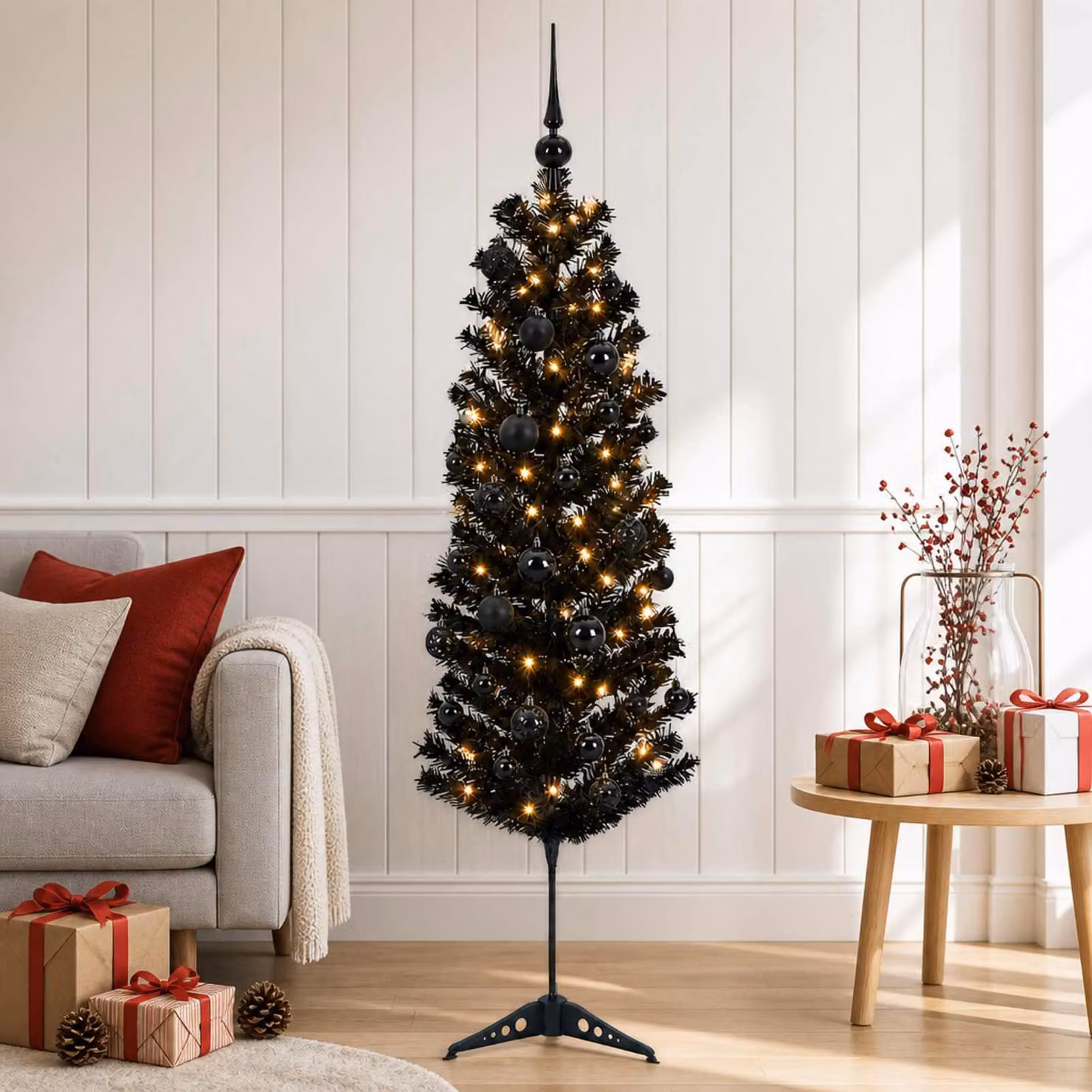 Albero di Natale artificiale, sottile, con decorazioni a forma di pallina, altezza 150 cm