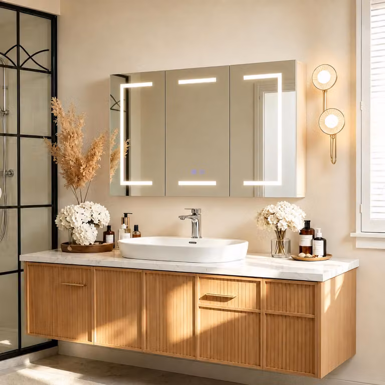Mobile contenitore con specchio a LED per il bagno, dimensioni 100,4 x 60 x 13,5 cm, dotato di 3 ante a specchio di uguale larghezza, 3 tonalità di luce, funzione antiappannamento e presa di corrente