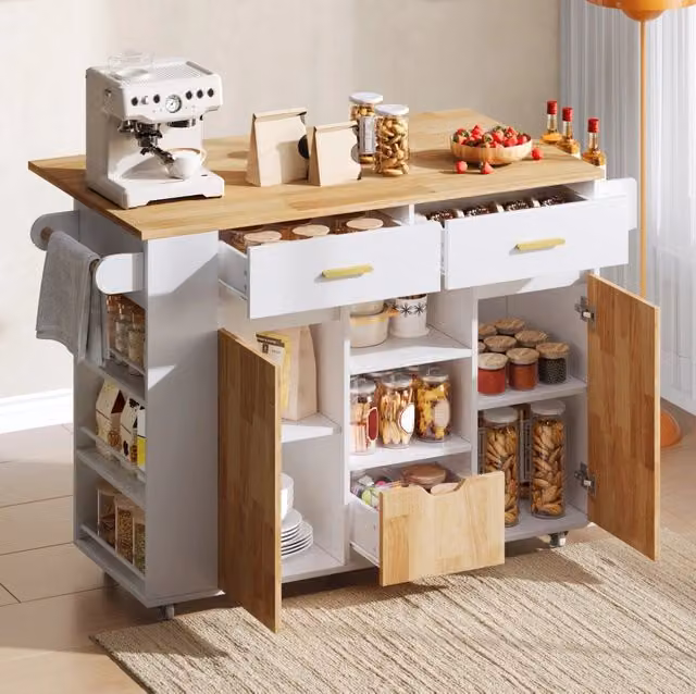 Isola cucina mobile 120x71x90 cm in MDF bianco, piano ribaltabile salvaspazio –
