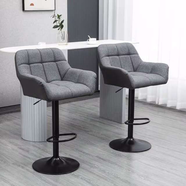 Set di 2 sgabelli da bar OKWISH girevoli con schienale e poggiapiedi in pelle rigenerata grigio, L 57,5 cm x P 52,5 cm x H 93-114 cm