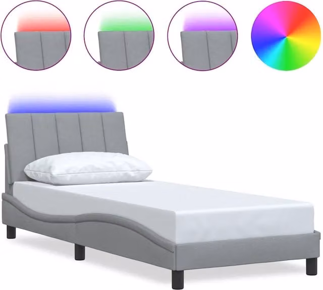 Letto singolo Hanko Grigio Chiaro con struttura imbottita, illuminazione sottostante e porta USB, L/P/H: 90 x 190 cm