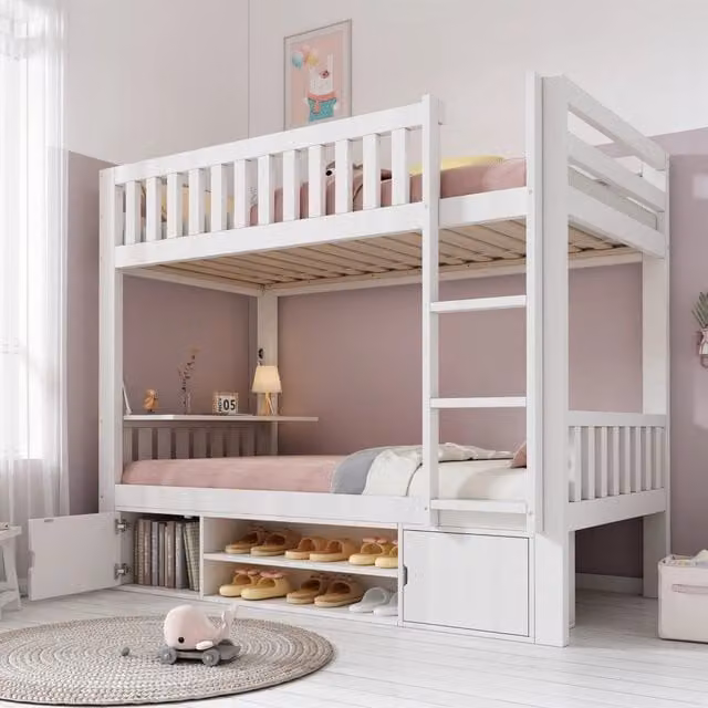 Letto a castello per bambini 90x200 cm bianco con tavolo pieghevole e scarpiera integrata