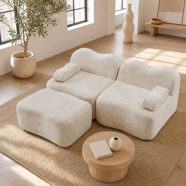 Divano angolare modulare 192x167x70 cm in velluto beige, con 1 ottomano, senza montaggio –