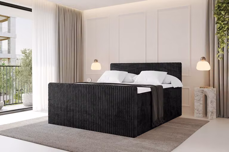 Letto boxspring ALTDECOR con pediera - TOLO-Z KING 180x200 Cord - Nero - Set completo con materassi H3 e H4 e topper, letto imbottito con contenitori, rete a doghe, letto con spazio contenitore, letto matrimoniale, letto box