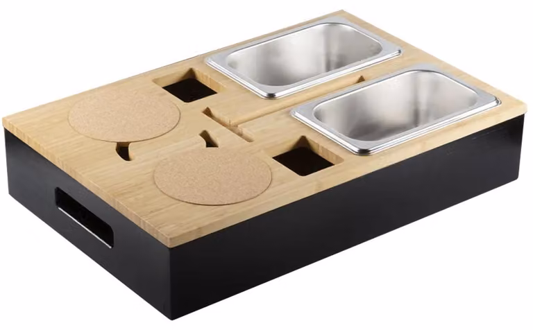 Contenitore portaoggetti - Organizer per cassetti - 2 ciotole in acciaio inossidabile - Coperchio in sughero - Supporto per telefono removibile - Struttura in bambù - 40 x 26 x 8 cm