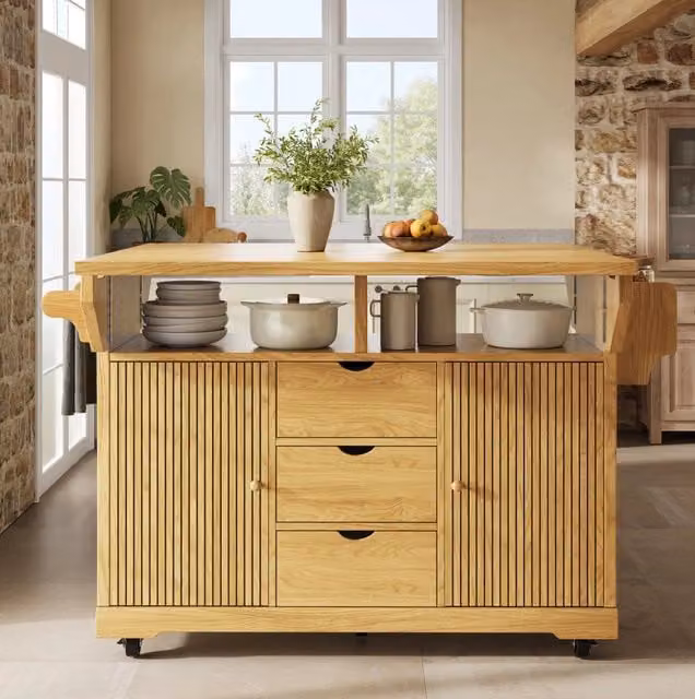 Carrello da cucina 142,5x80x95 cm in MDF e metallo marrone con piano ribaltabile -