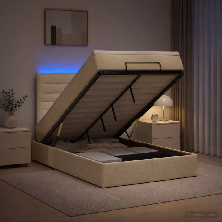 Letto Ottomano vidaXL con Materasso Ibrido e Illuminazione LED Sotto il Letto, Colore Beige e Bianco, L/P/H: 200 x 120 x 88 cm