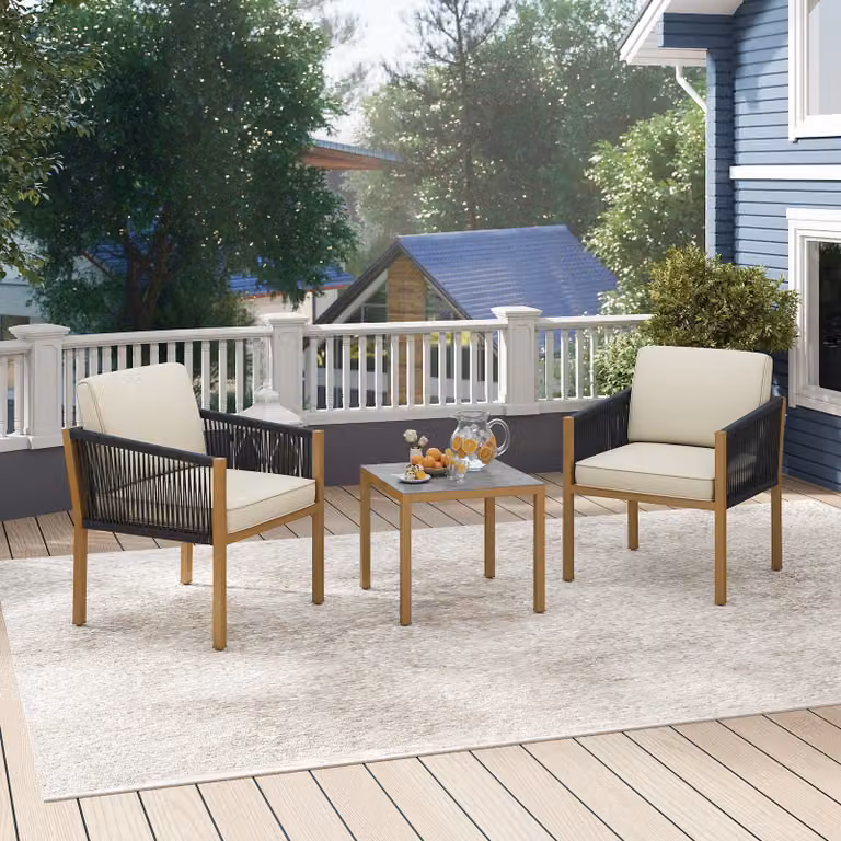Set bistro da esterno Costway 3 pezzi con corde intrecciate e cuscini, tavolo e sedie per giardino, balcone o terrazza, Beige