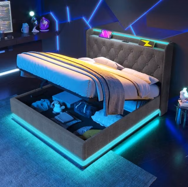 Letto imbottito con LED 360°; contenitore idraulico e USB-C; 160x200 cm; lino grigio