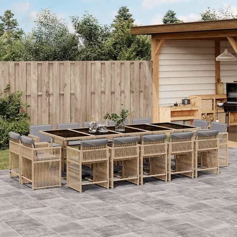 Set Pranzo da Giardino vidaXL 15 pz in Polyrattan con Cuscini Beige e Grigio e Tavolo in Vetro