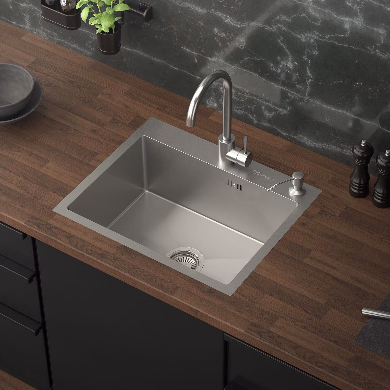 Lavello da cucina ML-Design con scarico a scomparsa e dispenser di sapone, argento, in acciaio inox