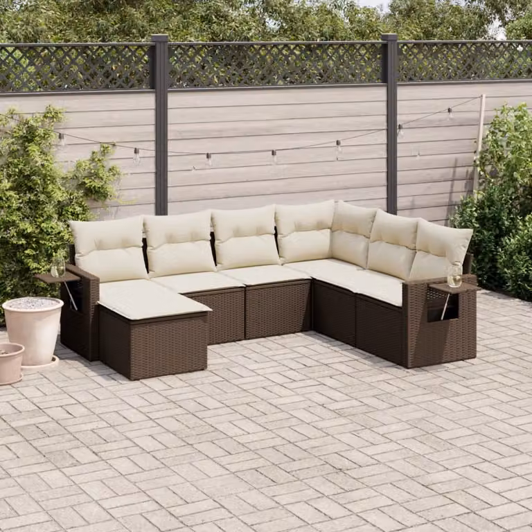 vidaXL Set Divani da Giardino 7 pz a L con Cuscini Marrone e Bianco in Polyrattan e Metallo