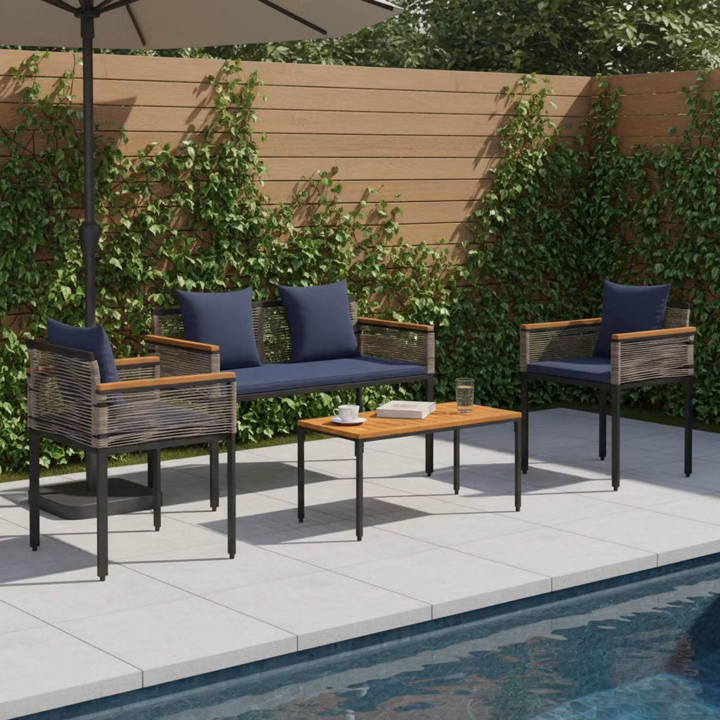 Maison Exclusive - Set di mobili da giardino con cuscini in polyrattan grigio e blu navy