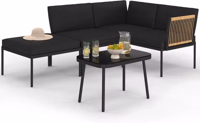 IDMarket - Set di mobili da giardino modulari bassi RIO 4 posti struttura in metallo nero, cordame effetto rattan chiaro con cuscini neri