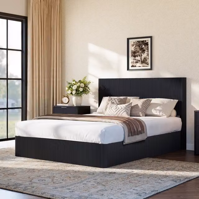 Letto Moderno con Sistema Idraulico e Contenitore 160x200 cm - Struttura Robusta in Acciaio e Doghe in Legno Massiccio, Superficie Nero Lucido