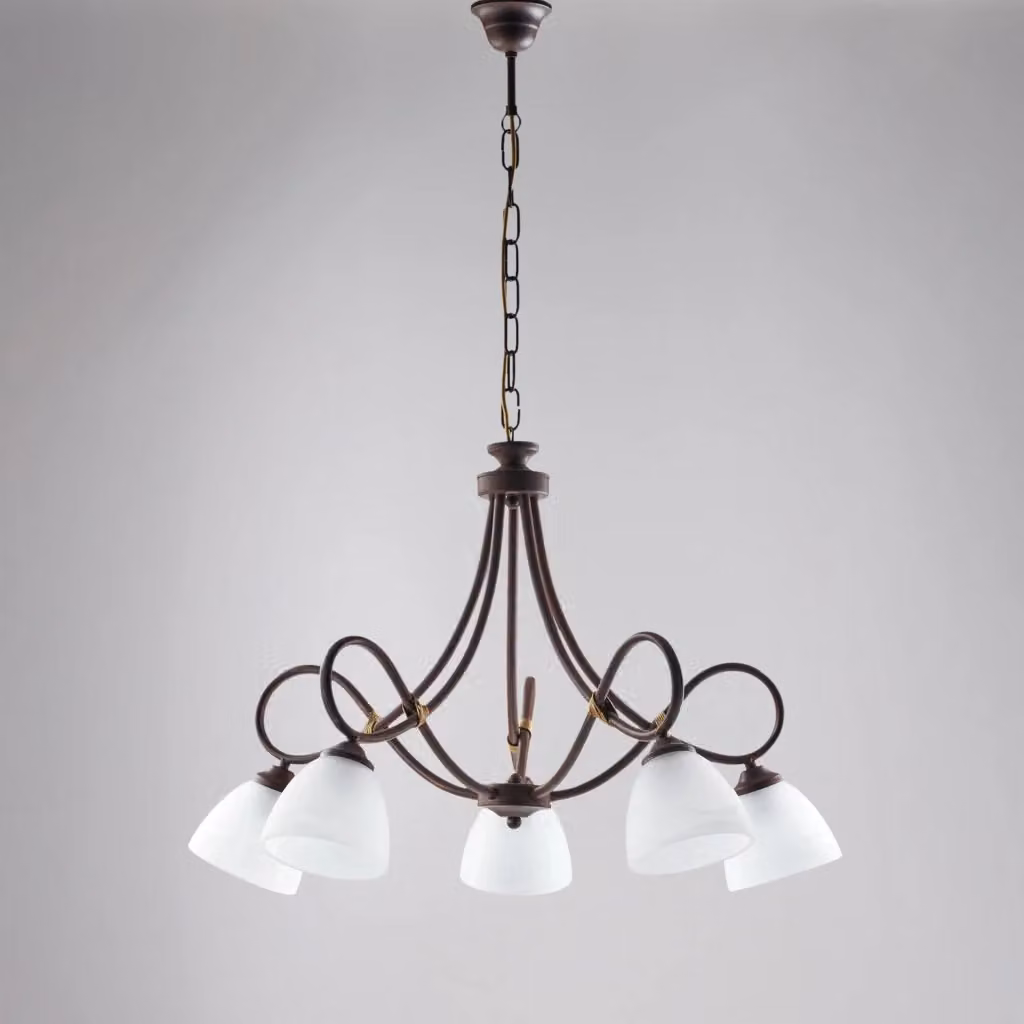 Lampadario a sospensione Dallas BeLight in ferro battuto nero e ruggine con vetro bianco, stile vintage, 5 luci – 2