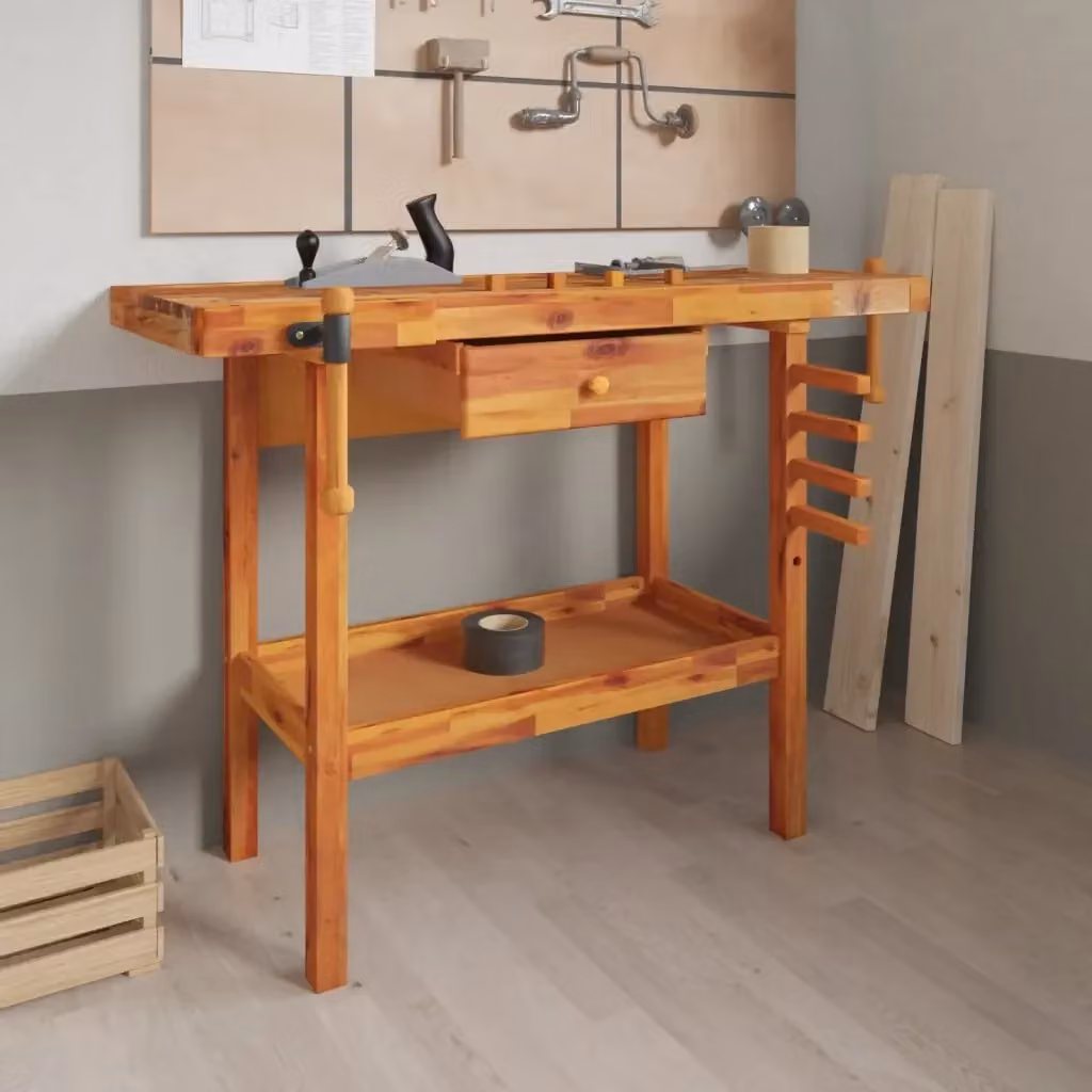 Banco da lavoro CFW7261121 in legno massello di acacia marrone con cassetto e morsa L: 124 cm, P: 52 cm, H: 83 cm – 2