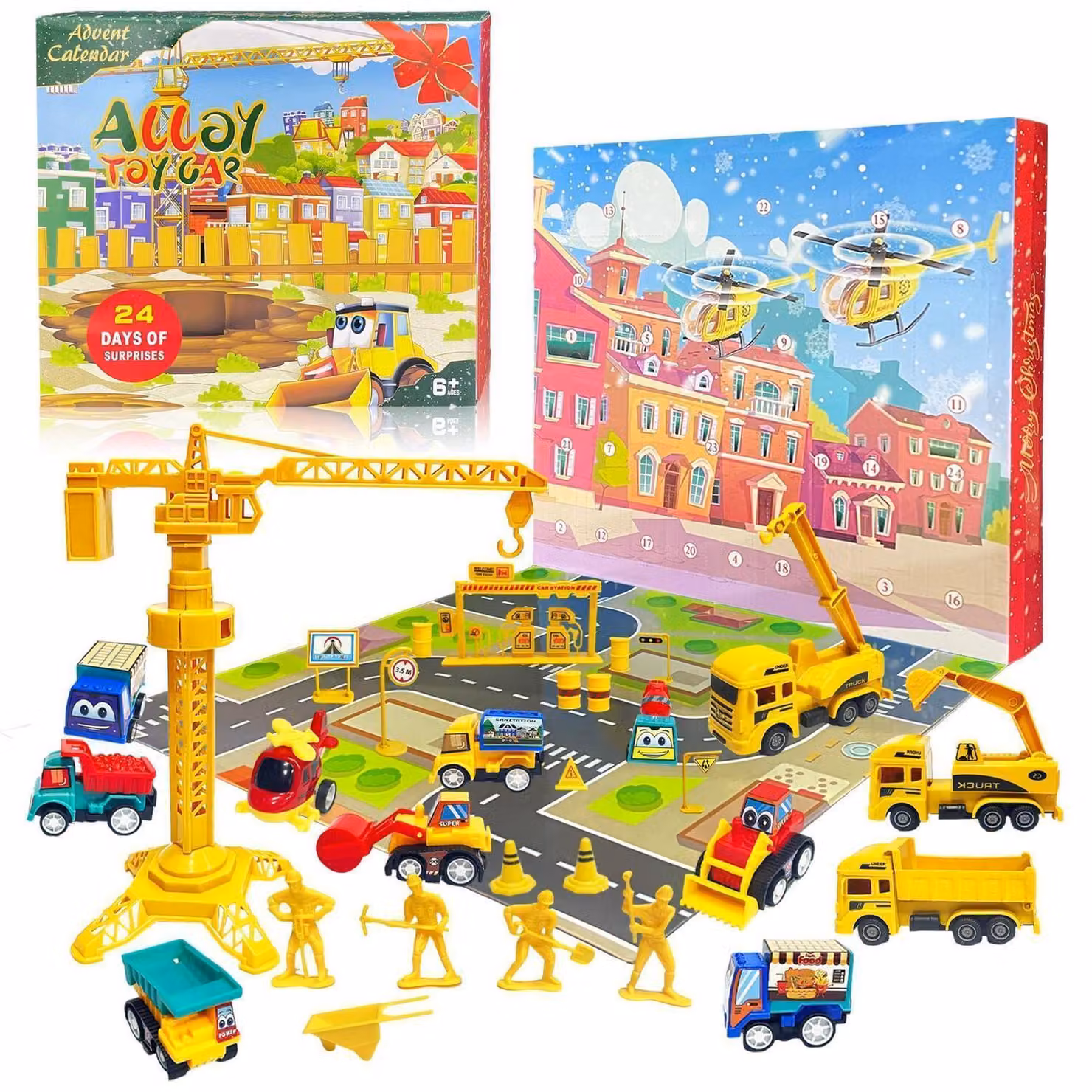 Calendario dell'Avvento con veicoli da costruzione, set di 24 macchinine giocattolo per bambini