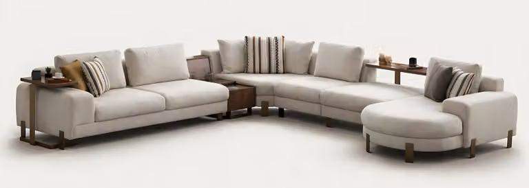 Divano a U in tessuto beige, moderno e funzionale, con tavolini