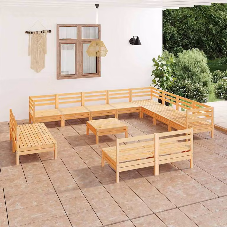 Set Salotto da Giardino vidaXL in Legno di Pino Marrone con Cuscini, Forma a L, 13 Pezzi