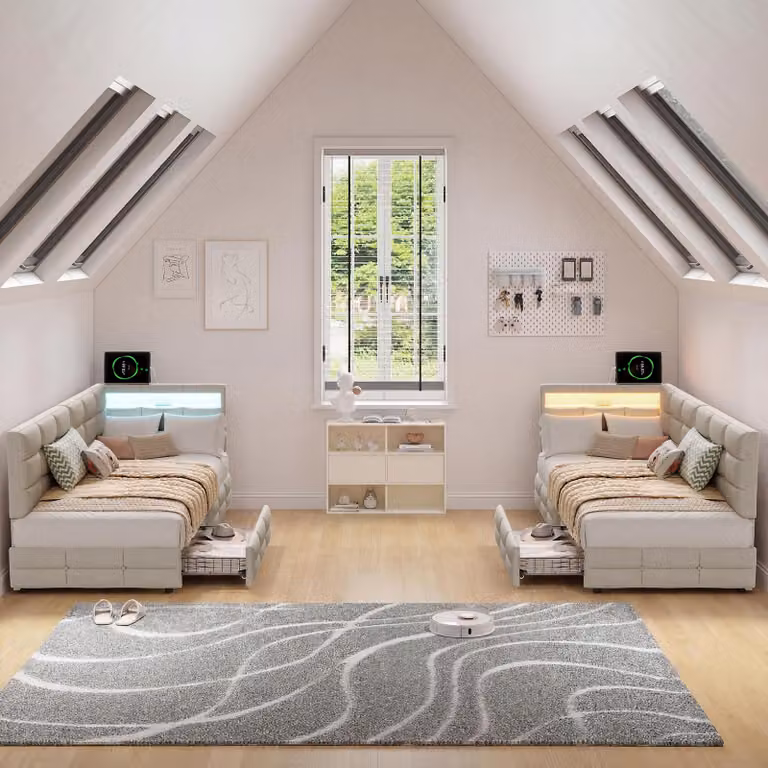 Struttura letto ProximaX a L 90x200 cm, tessuto di lino beige, illuminazione a LED, porta-caricabatterie USB, 2 cassetti