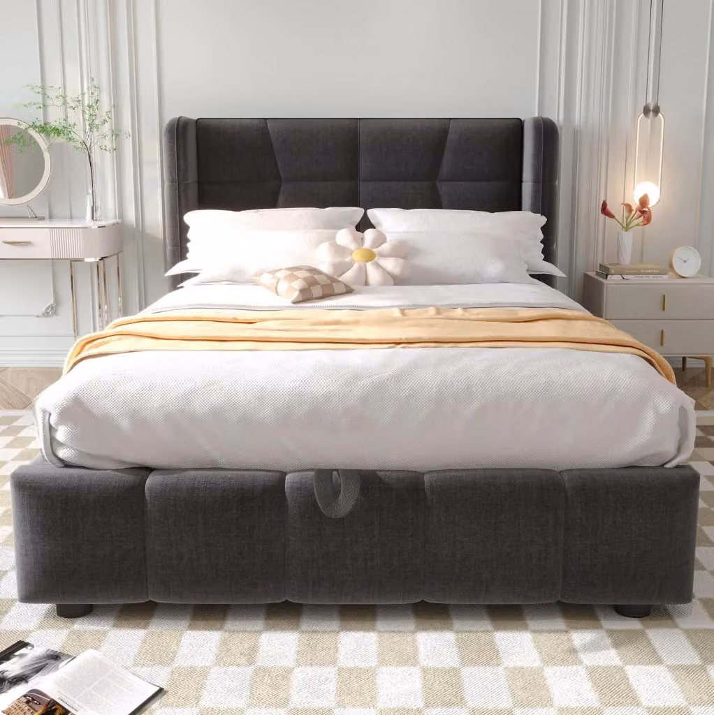 Letto imbottito moderno con vano contenitore lift-up in tessuto grigio L: 90 cm, P: 200 cm, H: 101.5 cm – 2