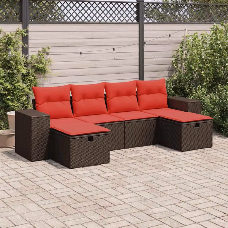 Set Divano da Giardino a L vidaXL 6 pz in Polyrattan Marrone con Cuscini e Struttura in Acciaio