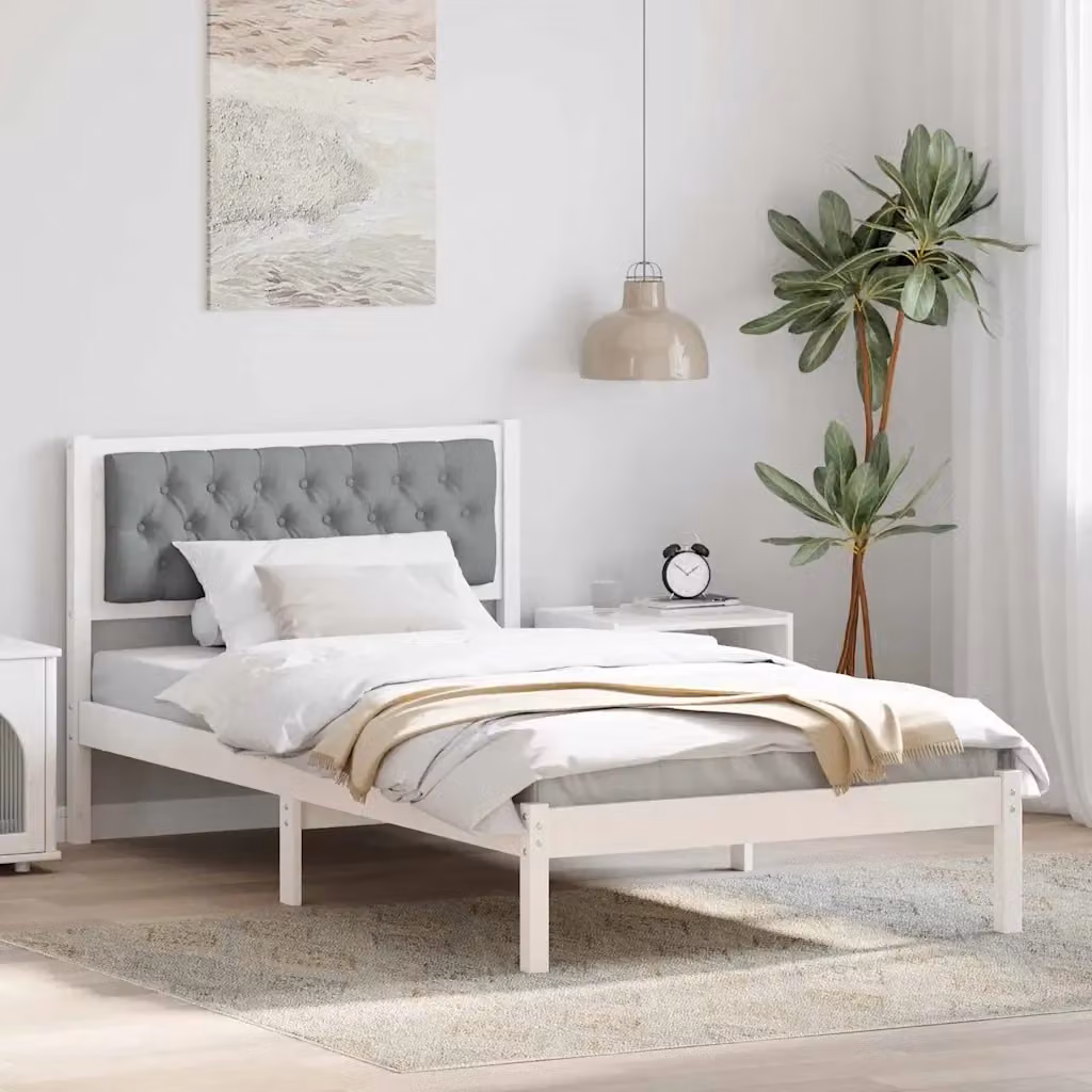 Letto singolo per adulti in pino massello con struttura imbottita e doghe fisse, L/P/H: 205.5 x 100 x 85.5 cm, Grigio e Bianco – 2