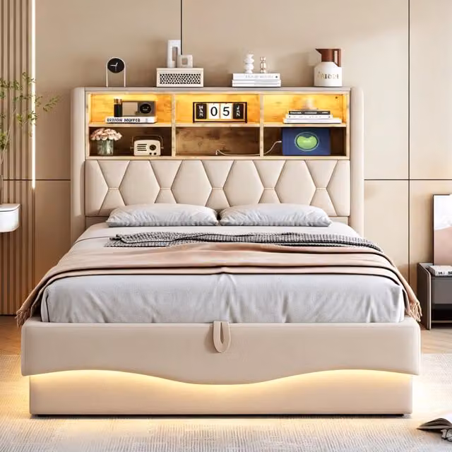 Letto imbottito multifunzione 140x200 cm con contenitore; LED app/telecomando e USB; beige
